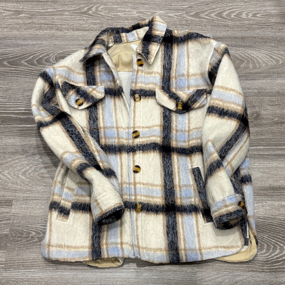 Plaid Shacket Blazer Jacket - Cream, Black & Light Blue